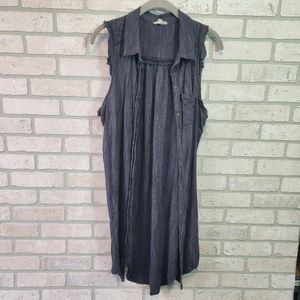 ODDY Womens Long Grey Gauze Knit BOHO Button Down Shirt Vest L